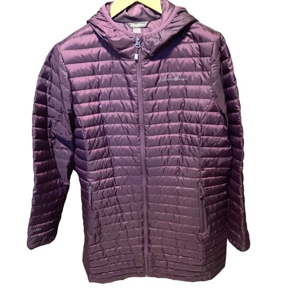 Eddie Bauer Purple Microlight Down Parka Hooded Long Puffy Sz XL - Picture 1 of 12